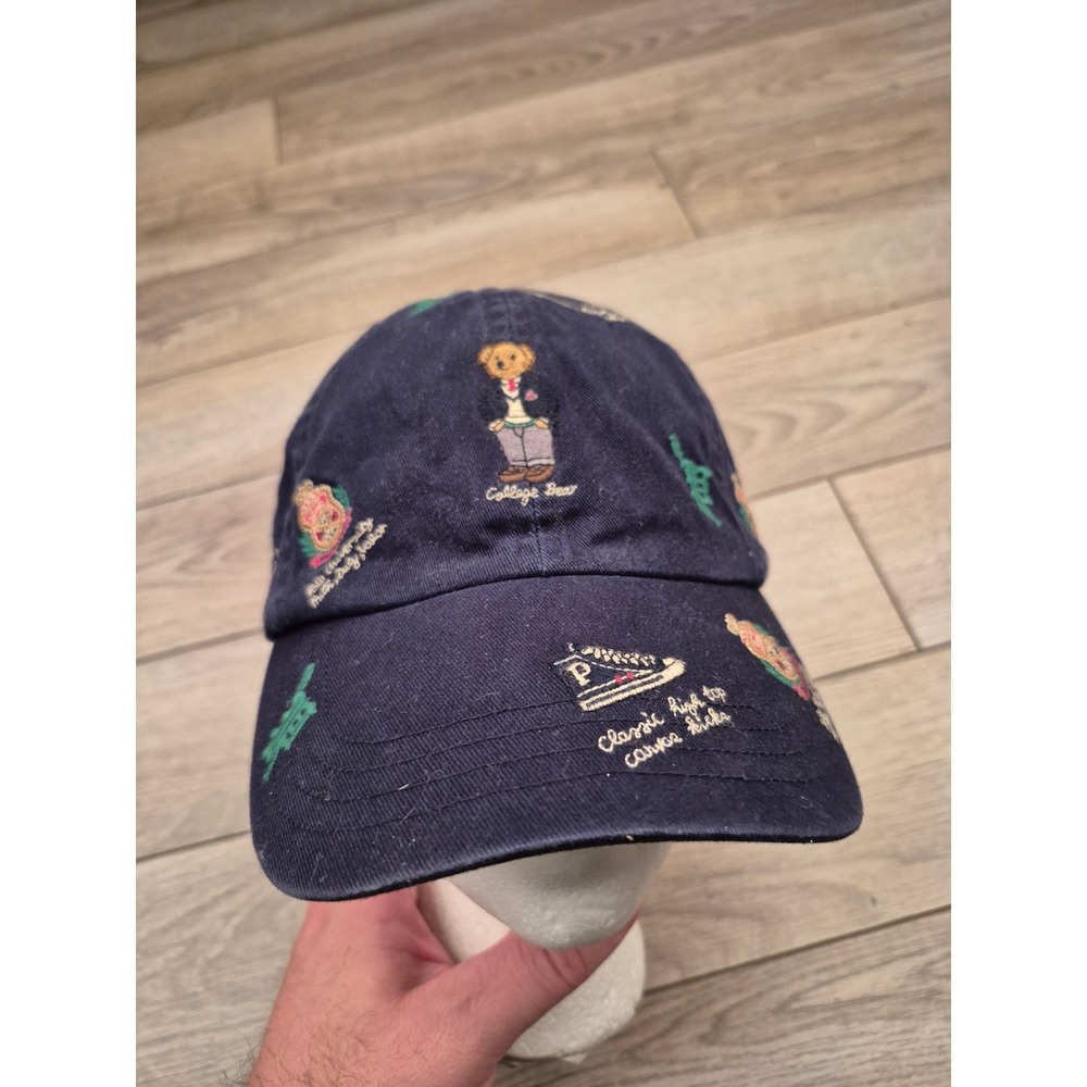 Polo Ralph Lauren College Bear Crest All Over Embroidery Navy Blue Hat Mens OS - Picture 4 of 14